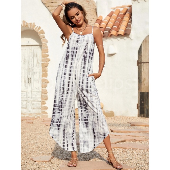 Tie Dye White Grey Cami Jumpsuit Loose Fitting Asymmetric Hem Cropped - Picture 4 of 8